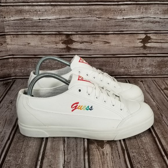 RETRO GUESS Women's 8.5 B White Leather Sneakers Shoes Rainbow Embroidery NWOT - Picture 3 of 10